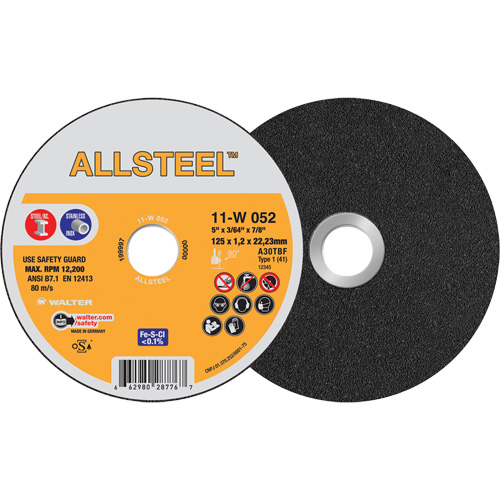 Meule &agrave; tronçonner AllSteel, 5" x 3/64", Arbre de 7/8", Type 1, Oxyde d'aluminium, 12250 Tr/min Nuna Depot Inc.