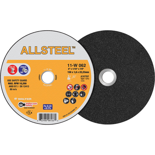 ALLSTEEL Cut-Off Wheel, 6" x 1/16", 7/8" Arbor, Type 1, Aluminum Oxide, 10200 RPM Nuna Depot Inc.