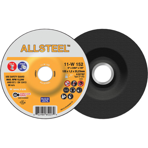 AllSteel Cut-Off Wheel, 5" x 3/64", 7/8" Arbor, Type 27, Aluminum Oxide, 12250 RPM Nuna Depot Inc.