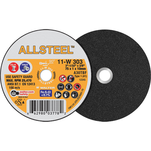 AllSteel Mini Cut-Off Wheel, 3" x 1/32", 3/8" Arbor, Type 1, Aluminum Oxide, 25470 RPM Nuna Depot Inc.