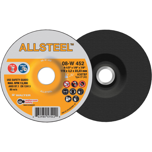 AllSteel Grinding Wheel, 4-1/2" x 1/8", 7/8" Arbor, Aluminum Oxide, Type 27 Nuna Depot Inc.
