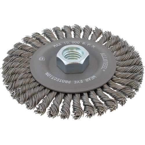 Brosse m&eacute;tallique &agrave; fils &eacute;troits nou&eacute;s AllSteel, Dia. 4-1/2", Fils 0,02", Arbre 5/8"-11, Acier Nuna Depot Inc.