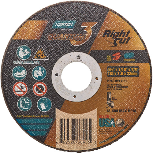 Quantum3 RightCut Cut-Off Wheel, 4-1/2" x 1/16", 7/8" Arbor, Type 01/41, Ceramic Alumina, 13580 RPM Nuna Depot Inc.