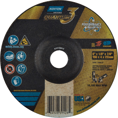 Disque de rectification et de tronçonnage Quantum3, 6" x 1/8", Arbre de 7/8", Type 27, Grain de 24, C&eacute;ramique d'alumine Nuna Depot Inc.
