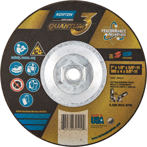 Disque de rectification et de tronçonnage Quantum3, 7" x 1/8", Arbre de 5/8"-11, Type 27, Grain de 24, C&eacute;ramique d'alumine Nuna Depot Inc.