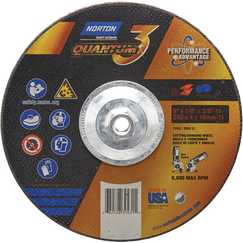 Disque de rectification et de tronçonnage Quantum3, 9" x 1/8", Arbre de 5/8"-11, Type 27, Grain de 24, C&eacute;ramique d'alumine Nuna Depot Inc.