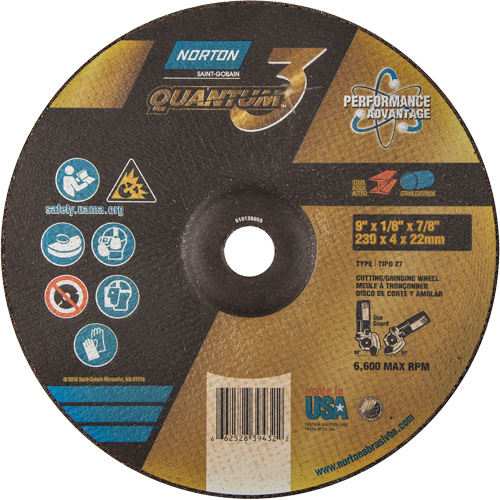 Disque de rectification et de tronçonnage Quantum3, 9" x 1/8", Arbre de 7/8", Type 27, Grain de 24, C&eacute;ramique d'alumine Nuna Depot Inc.