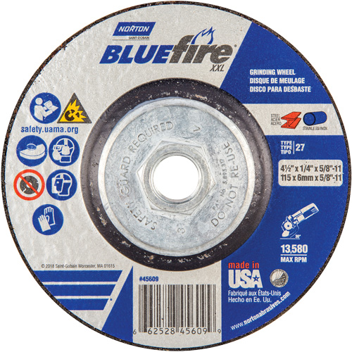 BlueFire&reg; XXL Grinding Wheel, 4-1/2" x 1/4", 5/8" Arbor, Ceramic Alumina, Type 27 Nuna Depot Inc.