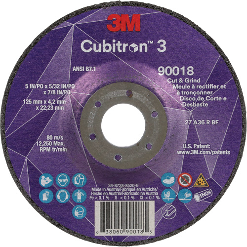 Cubitron 3 Cut & Grind Wheel, 5" x 5/32", 7/8" Arbor, Type T27, 36+ Grit, Ceramic Nuna Depot Inc.