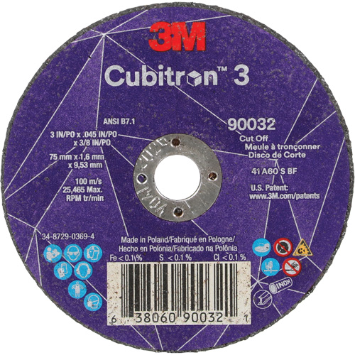 Cubitron 3 Cut-Off Wheel, 3" x 0.045", 3/8" Arbor, Type T1, Ceramic, 21000 RPM Nuna Depot Inc.
