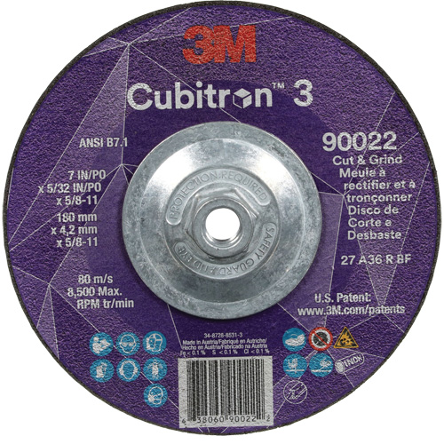 Meule &agrave; rectifier et &agrave; tronçonner Cubitron 3, 7" x 5/32", Arbre de 5/8"-11, Type 27, Grain de 36, C&eacute;ramique Nuna Depot Inc.