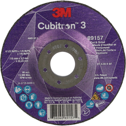 Meule &agrave; rectifier et &agrave; tronçonner Cubitron 3, 4-1/2" x 1/8", Arbre de 7/8", Type 27, Grain de 36, C&eacute;ramique Nuna Depot Inc.