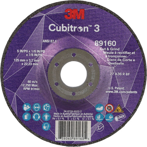 Meule &agrave; rectifier et &agrave; tronçonner Cubitron 3, 5" x 1/8", Arbre de 7/8", Type 27, Grain de 36, C&eacute;ramique Nuna Depot Inc.