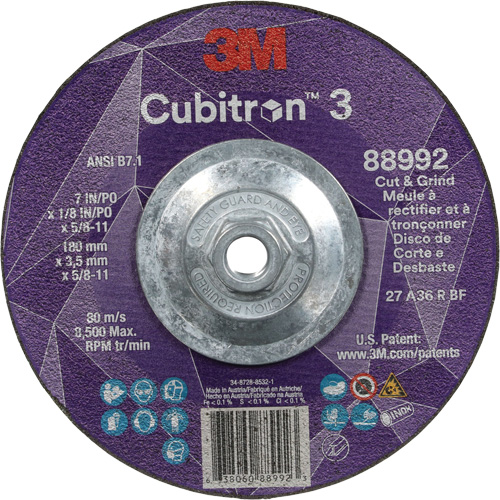 Meule &agrave; rectifier et &agrave; tronçonner Cubitron 3, 7" x 1/8", Arbre de 5/8"-11, Type 27, Grain de 36, C&eacute;ramique Nuna Depot Inc.