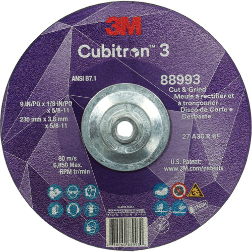 Meule &agrave; rectifier et &agrave; tronçonner Cubitron 3, 9" x 1/8", Arbre de 5/8"-11, Type 27, Grain de 36, C&eacute;ramique Nuna Depot Inc.