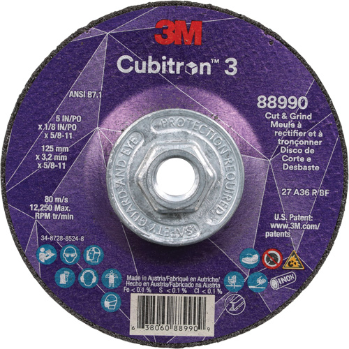 Cubitron 3 Cut and Grind Wheel, 5" x 1/8", 5/8"-11 Arbor, Type 27, 36 Grit, Ceramic Nuna Depot Inc.