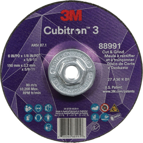 Cubitron 3 Cut and Grind Wheel, 6" x 1/8", 5/8"-11 Arbor, Type 27, 36 Grit, Ceramic Nuna Depot Inc.