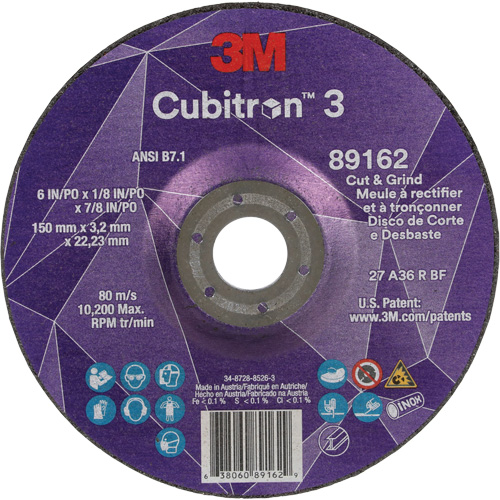 Meule &agrave; rectifier et &agrave; tronçonner Cubitron 3, 6" x 1/8", Arbre de 7/8", Type 27, Grain de 36, C&eacute;ramique Nuna Depot Inc.
