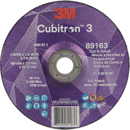 Cubitron 3 Cut and Grind Wheel, 7" x 1/8", 7/8" Arbor, Type 27, 36 Grit, Ceramic Nuna Depot Inc.