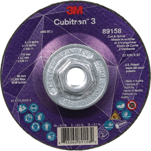 Cubitron 3 Cut and Grind Wheel, 4-1/2" x 1/8", 5/8"-11 Arbor, Type 27, 36 Grit, Ceramic Nuna Depot Inc.