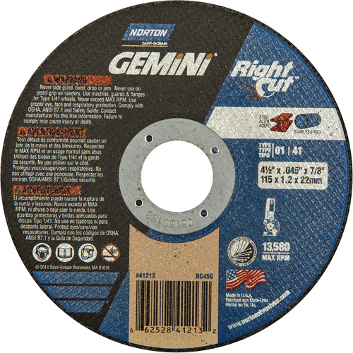 Gemini RightCut Right Angle Cut-Off Wheel, 4-1/2" x 0.045", 7/8" Arbor, Type 01/41, Aluminum Oxide, 13580 RPM Nuna Depot Inc.