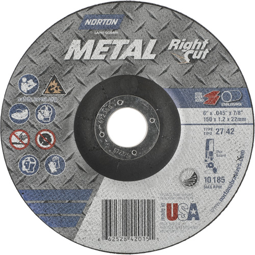 Meule &agrave; tronçonner m&eacute;tallique pour coupe &agrave; angle droit RightCut, 6" x 0,045", Arbre de 7/8", Type 27/42, Oxyde d'aluminium, 10190 Tr/min Nuna Depot Inc.