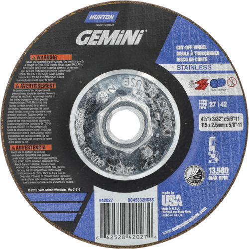 Gemini INOX/SS Right Angle Cut-Off Wheel, 4-1/2" x 3/32", 5/8"-11 Arbor, Type 27/42, Aluminum Oxide, 13580 RPM Nuna Depot Inc.