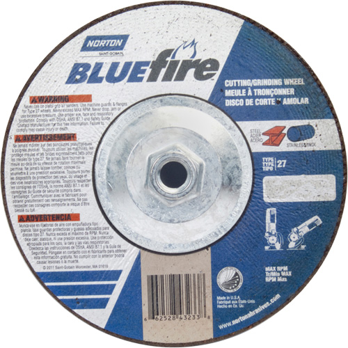 Disque de meulage et tronçonnage BlueFire, 7" x 1/8", Arbre de 5/8"-11, Type 27, Alumine de zirconium Nuna Depot Inc.