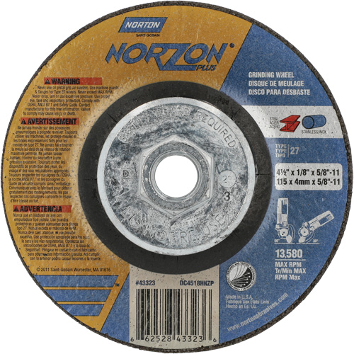 NorZon Plus SGZ CA Grinding & Cutting Wheel, 4-1/2" x 1/8", 5/8"-11 Arbor, Type 27, Ceramic Alumina Nuna Depot Inc.
