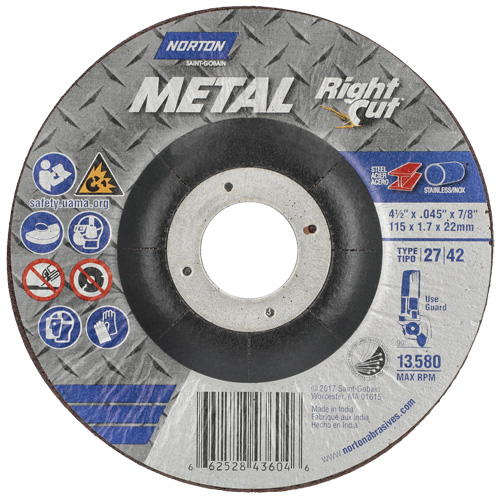 Metal RightCut Right Angle Cut-Off Wheel, 4-1/2" x 0.045", 7/8" Arbor, Type 27, Aluminum Oxide, 13580 RPM Nuna Depot Inc.