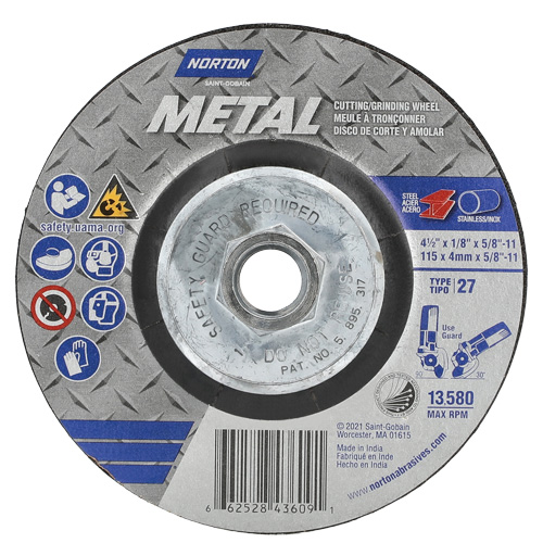 Metal Grinding & Cutting Wheel, 4-1/2" x 1/8", 5/8"-11 Arbor, Type 27, Aluminum Oxide Nuna Depot Inc.
