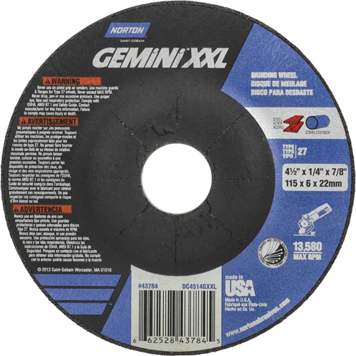 Gemini XXL Grinding Wheel, 4-1/2" x 1/4", 7/8" Arbor, Aluminum Oxide, Type 27 Nuna Depot Inc.