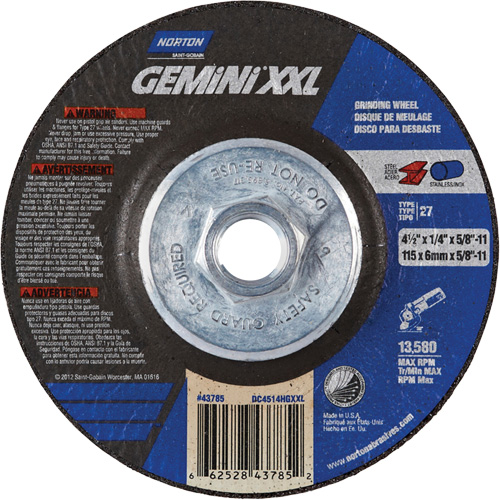 Gemini XXL Grinding Wheel, 4-1/2" x 1/4", 5/8"-11 Arbor, Aluminum Oxide, Type 27 Nuna Depot Inc.