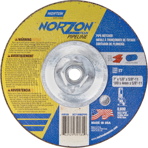 NorZon Plus SGZ Right Angle Cut-Off Wheel, 7" x 1/8", 5/8"-11 Arbor, Type 27/42, Ceramic Alumina, 8600 RPM Nuna Depot Inc.