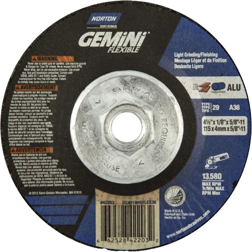 Gemini Flexible A AO Grinding and Cutting Wheel, 4-1/2" x 1/8", 5/8"-11 Arbor, Type 29, Aluminum Oxide, 13580 RPM Nuna Depot Inc.