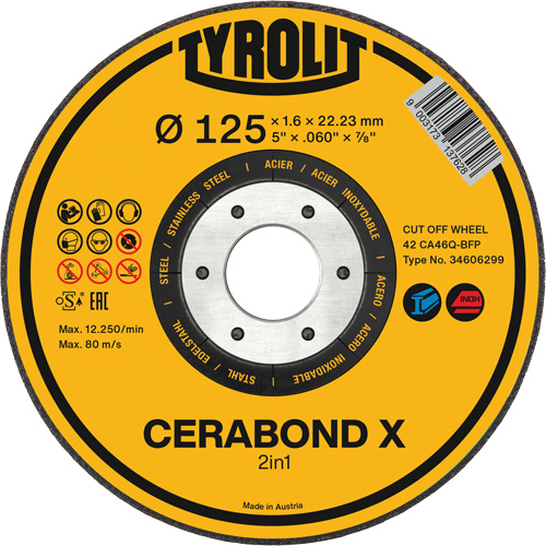 Meule &agrave; tronçonner pour acier et acier inoxydable CERABOND X, 5" x 0,45", Arbre de 7/8", Type 1, C&eacute;ramique, 12250 Tr/min Nuna Depot Inc.