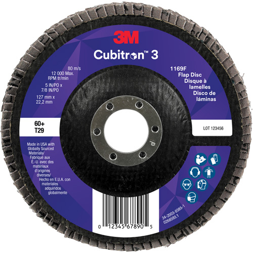 Disque &agrave; lamelles conique 1169F Cubitron 3, 5" x 7/8", Type T29, Grain 60+, C&eacute;ramique Nuna Depot Inc.