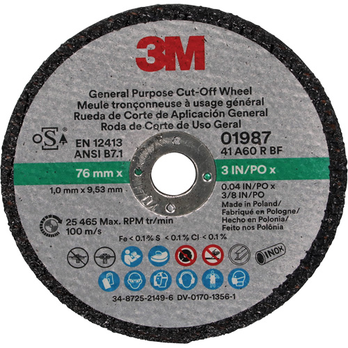 General Purpose Cut-Off Wheel, 01987, 3" x 0.04"/1/32", 3/8" Arbor, Aluminum Oxide Nuna Depot Inc.