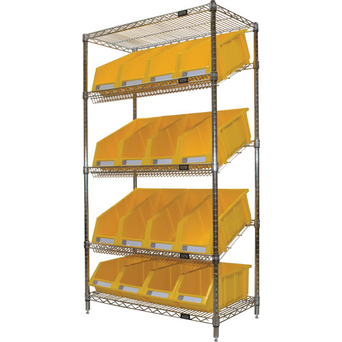 Slanted Wire Shelf with Bins, 5 Tiers, 36" W x 63" H x 18" D Nuna Depot Inc.
