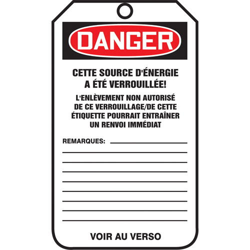 &eacute;tiquettes de s&eacute;curit&eacute; - Verrouillage, Papier cartonn&eacute;, 3-1/8" la x 5-7/8" h, Français Nuna Depot Inc.