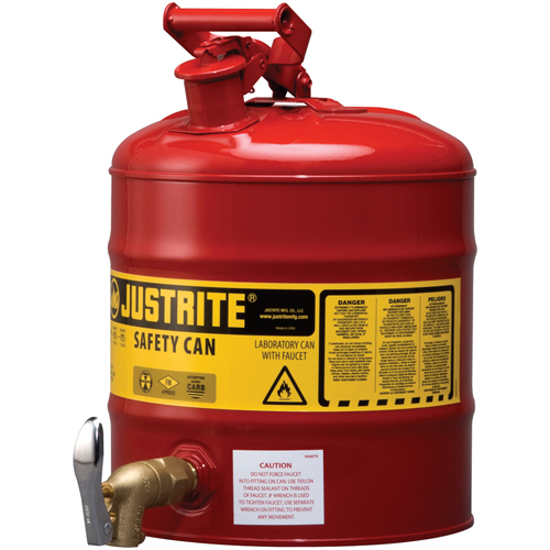 Bidon avec robinet s&eacute;curitaires pour laboratoires, Type I, Acier, 5 gal. US, Rouge, Homologu&eacute; FM Nuna Depot Inc.