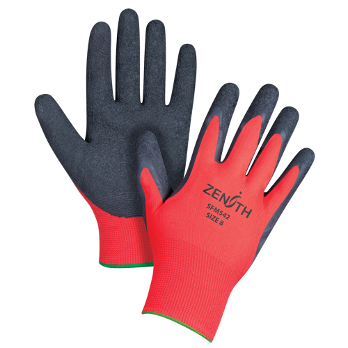 Gants enduits &agrave; prise cr&ecirc;p&eacute;e noir & rouge, 8/Moyen, R&ecirc;vetement Latex de caoutchouc, Calibre 13, Enveloppe en Polyester Nuna Depot Inc.