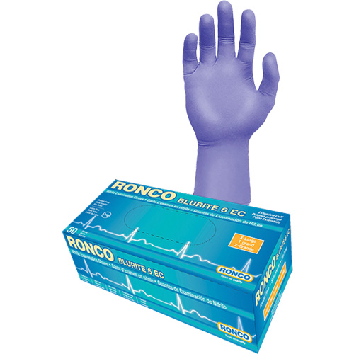 Gants d'examen &agrave; manchette allong&eacute;e Blurite 6 EC, Petit, Nitrile, 6 mils, Sans poudre, Mauve, Classe 2 Nuna Depot Inc.