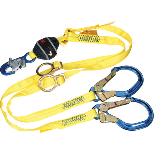 Twin-Leg Tie-Back Web Shock-Absorbing Lanyard, 6', Rebar Hook Center, Snap Hook Leg Ends, Polyester Nuna Depot Inc.