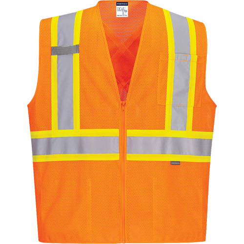 Contrast-Striped Safety Vest, High Visibility Orange, Small, Polyester Nuna Depot Inc.