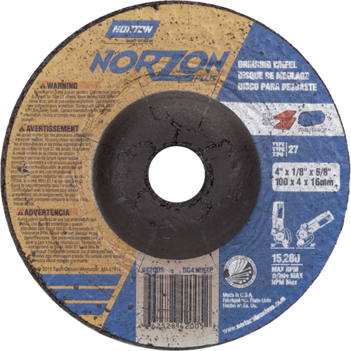 NorZon Plus SGZ Grinding Wheel, 4" x 1/8", 5/8" Arbor, Ceramic Alumina, Type 27 Nuna Depot Inc.