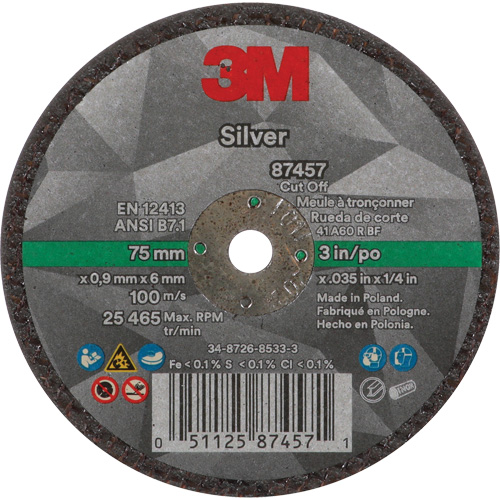 Silver Cut-Off Wheel, 3" x 0.04", 1/4"-28 Arbor, Type 1, Ceramic, 25645 RPM Nuna Depot Inc.