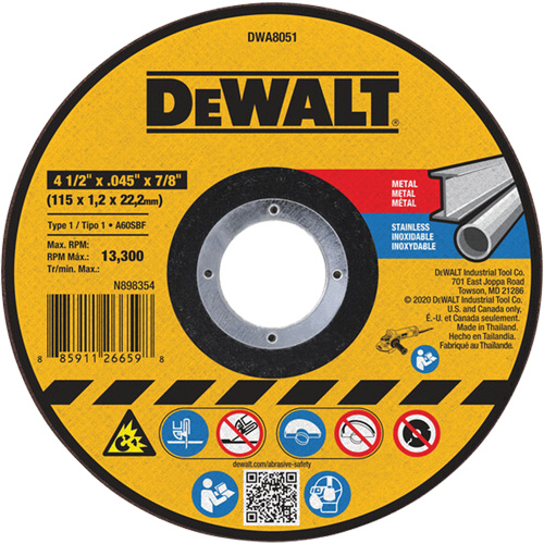 Metal Cut-Off Wheel, 4-1/2" x 0.045", 7/8" Arbor, Aluminum Oxide, Type 1 Nuna Depot Inc.
