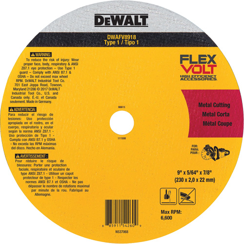 FlexVolt&reg; Metal Cut-Off Wheel, 9-1/16" x 0.078", 22.23 mm Arbor, Ceramic, Type 1 Nuna Depot Inc.