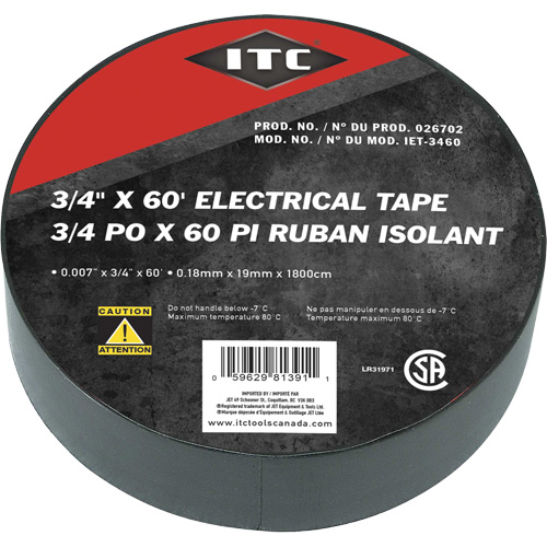 IET-3460 Electrical Tape, 19 mm (3/4") x 18.28 m (60'), Black Nuna Depot Inc.